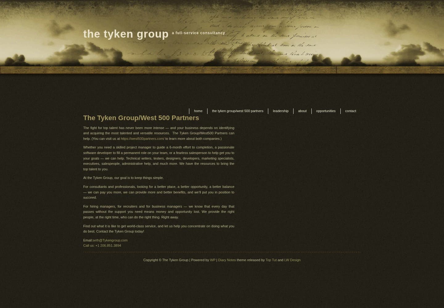 The original Tyken Group website, with a narrow WordPress layout and text over a landscape photograph.